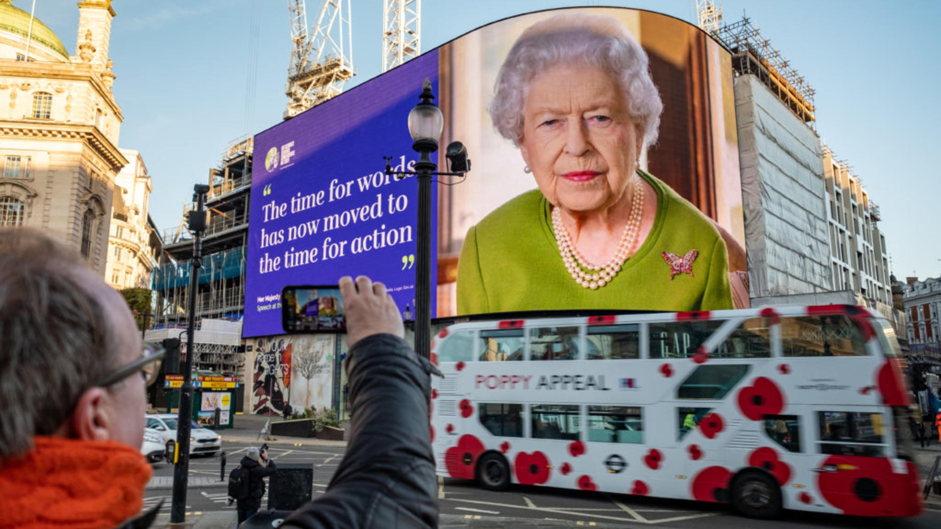 Piccadilly Lights highlighting The Queen’s influential address to delegates at COP26.